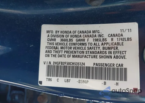 2012 Honda Civic Lx из США, поврежденный, VIN 2HGFB2F50CH535124